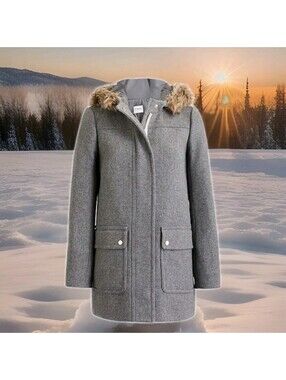 J.Crew Vail Parka Wool Winter Coat Fur Ruff Hooded Grey Womens 6 Small Medium